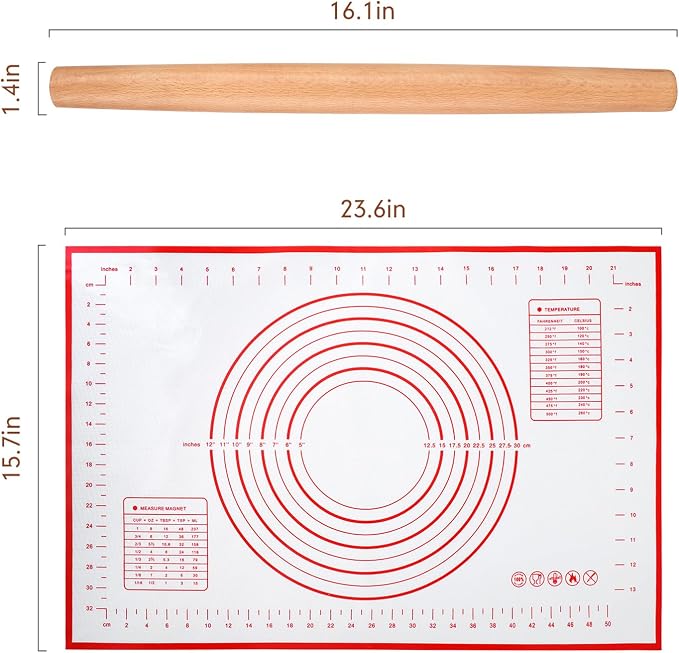 Wood French Rolling Pin for Baking, QUELLANCE Wooden Dough Roller with Silicone Baking Mat, Beech Wood Rolling Pins for Baking Dough, Pizza, Pie, Pastries, Pasta and Cookies,Red Pastry Mat
