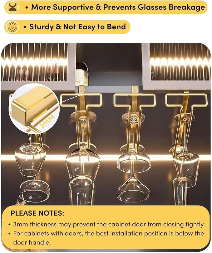 LINFIDITE Gold Under Cabinet Wine Glass Holder, 2 Pack, Space Saving, Easy Installation, Anti-Skid, Compact Design, Sturdy Materials, Affordable Gift