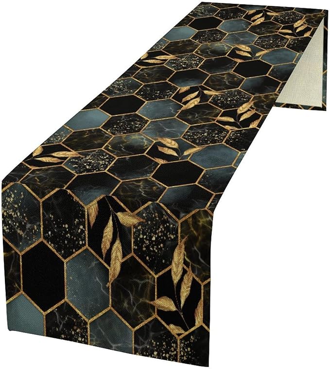 Marble Table Runner, Black and Gold Abstract Geometry Hexagon Modern Luxury Texture Printed Linen Table Runners for Home Farmhouse Kitchen Dining Room Party Holiday Decor 13" W x 90" L