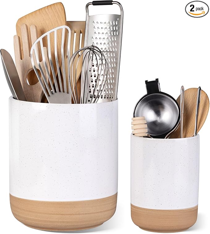 AmorArc Ceramic Utensil Holder, 7.25"+5.4" Cooking Utensil Crock for Countertop, Kitchen Countertop Organizer with Rustic Terracotta Underside for Spatula, Set of 2