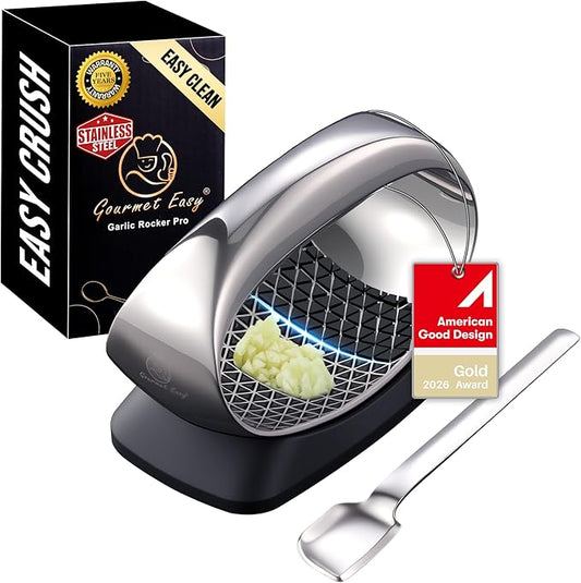 Full Stainless Steel Garlic Press Rocker with Eject Base + Scraper Spoon, Innovative 3D Cutting, Easy Crush & Clean Garlic Mincer, Premium Garlic Tool with Ergonomic Grip, 5-Year Warranty