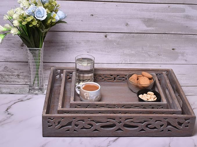 STORE INDYA Vintage Rustic Wooden Serving Trays with Handle - Set of 3 - Large, Medium and Small - Nesting Multipurpose Trays