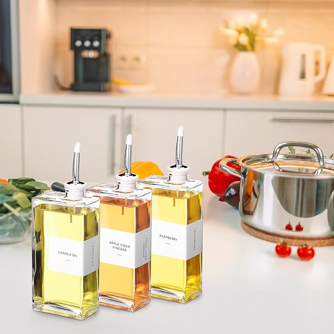 Reallnaive 10 Sets Olive Oil Dispenser Bottles for Kitchen with Nozzles Funnel Labels Cooking Oil Dispenser 500ml Set for Kitchen Vinegar Coffee Syrup (Silver)