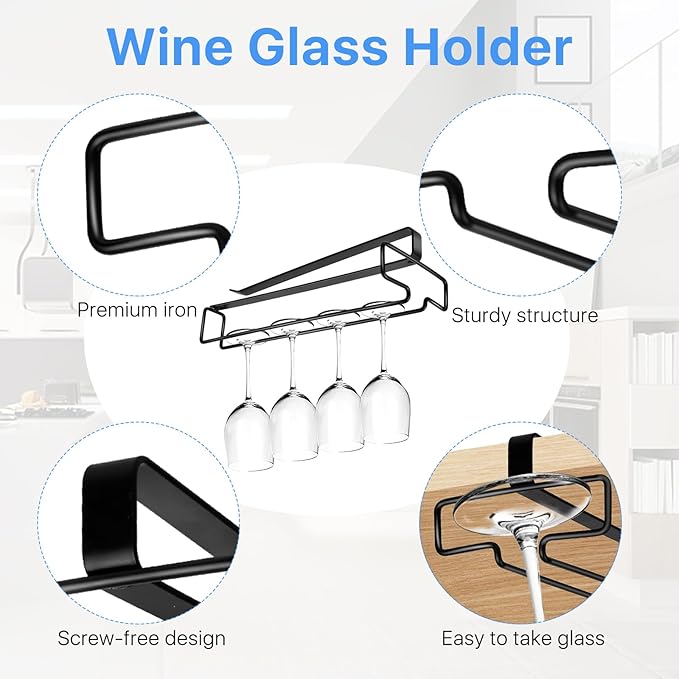4 Pcs 10 Inch Wine Glass Rack Under Shelf, Stemware Holder for Bar, Kitchen, Pub (Black)