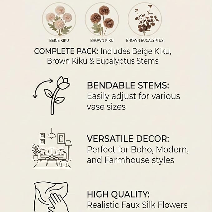 22pcs Artificial Beige & Brown Kiku Flowers with Eucalyptus Stems Bulk, Faux Silk Mum Pom Poms for Vase, Modern Farmhouse Boho Home Decor, Realistic Floral Centerpiece for Kitchen & Living Room