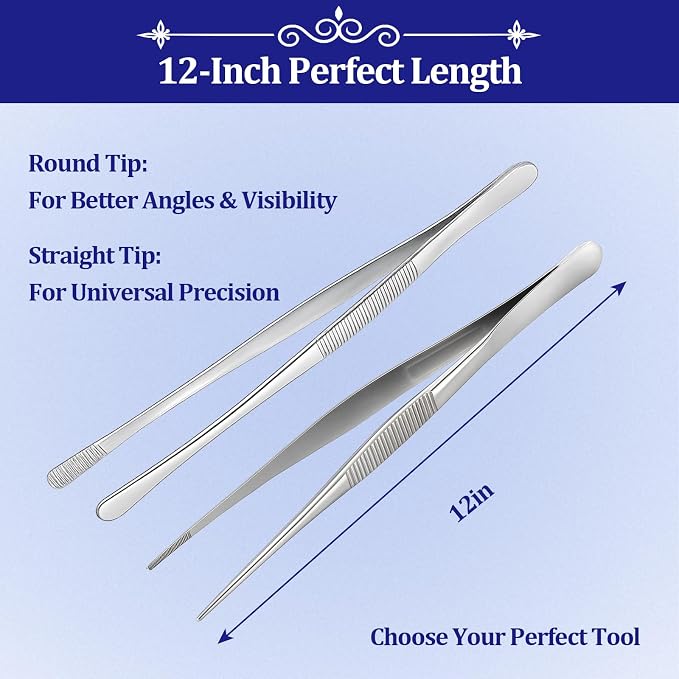 12-inch Stainless Steel Cooking Tongs & Tweezers, Non-Slip Grip & Serrated Tips for Grilling, Baking, Garnishing, BBQ, Kitchen & Craft Use (Straight Tip & Round Tip)