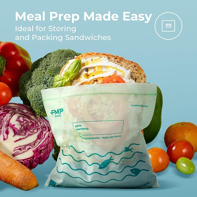 Fit Meal Prep 50 Pack 100% Compostable Sandwich Bags, 6.5 x 6.7" Resealable Food Storage Freezer Bags, Eco Friendly Snack Bags for Travel, ASTM D6400, US BPI & EU OK Compost Certified