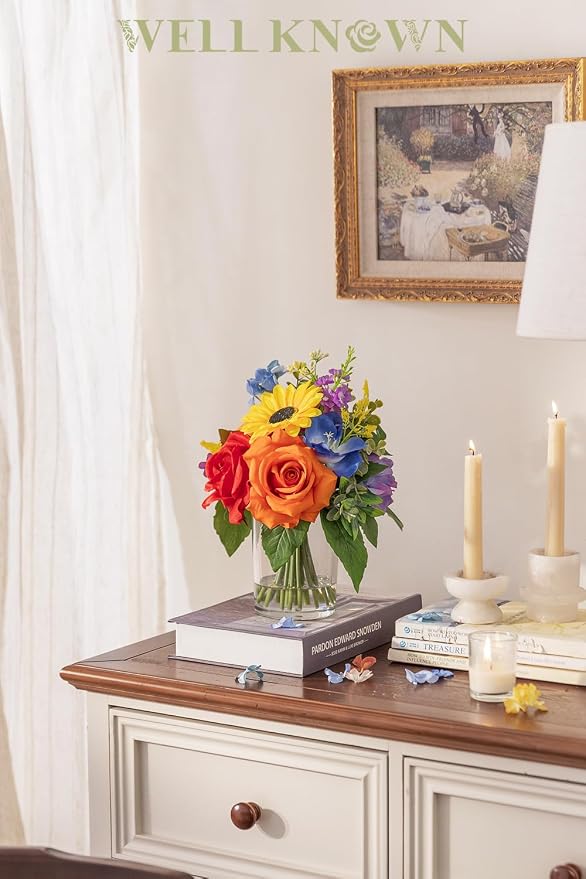 WELL KNOWN Artificial Flowers in Vase with Fake Water, Colorful Spring Flowers Fake Sunflowers Rose Peonies Bouquet for Home Wedding Party Dining Table Baby Shower Decor & Birthday Gift (Rainbow)