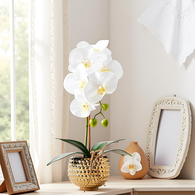 Orchids Artificial Flowers, 15" Faux Orchid in Gold Flower Pot Real Touch Flowers in Pot Large Flower Arrangements Artificial Centerpiece for Home Living Room Bathroom Kitchen Decoration (White)