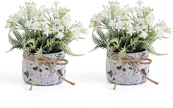 Fake Plants Small with 2 Pack, The Sunflower for Bathroom Shelf Decor, Decorative Plants for Home Living Room Office Bedroom Table Tray Shelve Farmhouse Decor Indoor(White Floral)