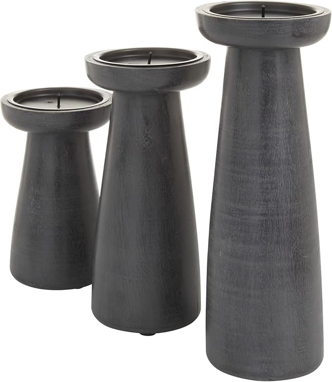 CosmoLiving by Cosmopolitan Mango Wood Decorative Candle Holder Pillar Candle Stand, Set of 3 Candlestick Holder 10", 8", 6" H, Dark Gray