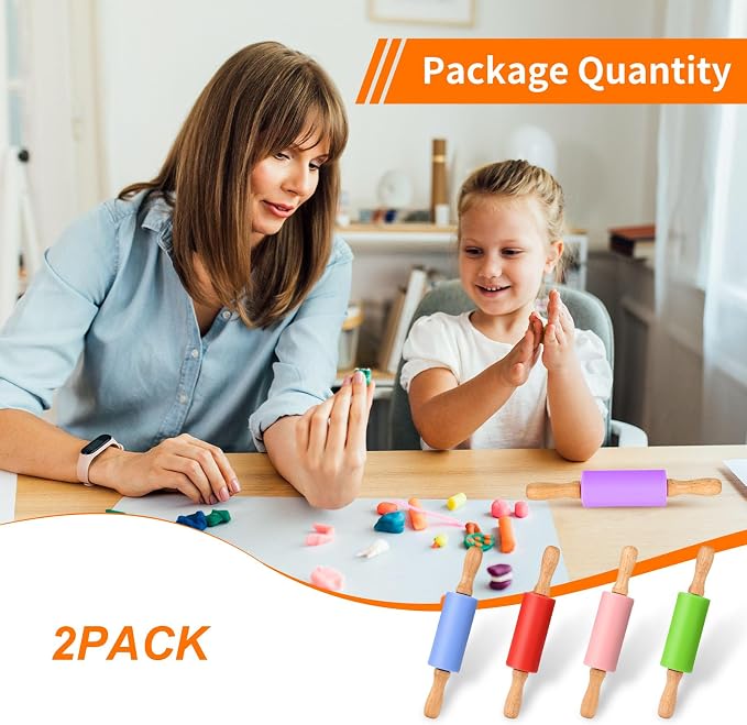 Mini Silicone Rolling Pin for Kids, Non-stick Surface Wood Handle, 9 Inch 2 Pack