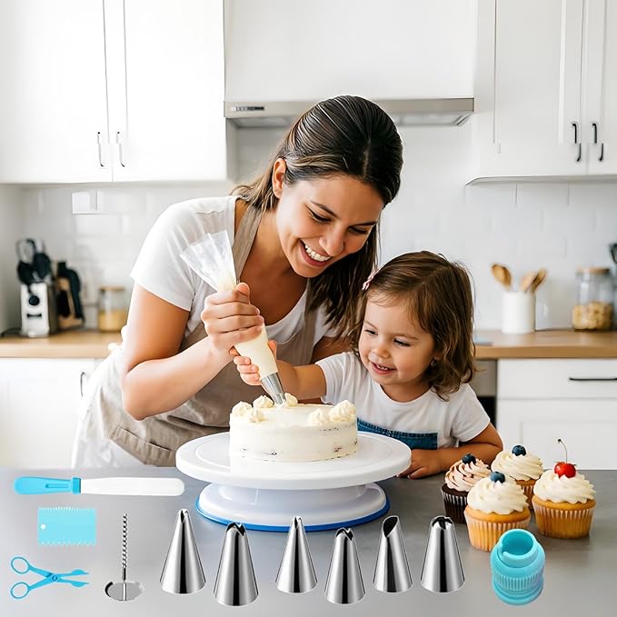 ANSLYQA Cake Decorating Kit, 193 Pcs with Cake Turntable, Leveler, 24 Numbered Icing Tips, 2 Spatulas, 2 Couplers, 3 Scrapers, 50 Pastry Bags, 50 Paper Cupcake Liners & More Baking Tools, (Blue)