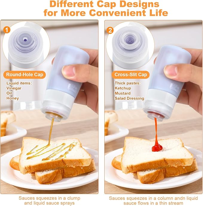 4Pcs Condiment Squeeze Bottles for Sauces, Leakproof Salad Dressing Container to Go, Small Silicone Squeeze Bottles with Brush, Condiment Containers Dispenser for Ketchup Hot Sauce Lunch Travel, 2 Oz