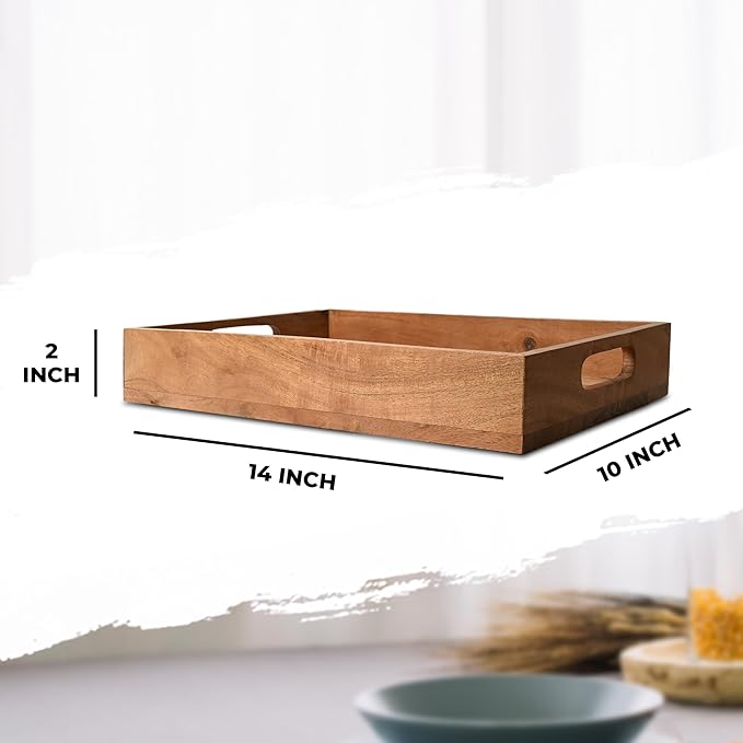 Premium Acacia Wooden Serving Tray with Handles – Large Decorative Food Serving Platter for Breakfast, Lunch, Dinner, Appetizers, Coffee Table & Home Décor | 14’’ x 10’’ x 2’’