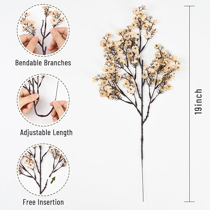 Waipfaru 15Pcs Fake Flowers Babys Breath Silk Artificial Beige Flowers Gypsophila Bouquets Bulk Real Touch Stems for Boho Home Living Room Decor DIY Floral Arrangement Table Centerpieces