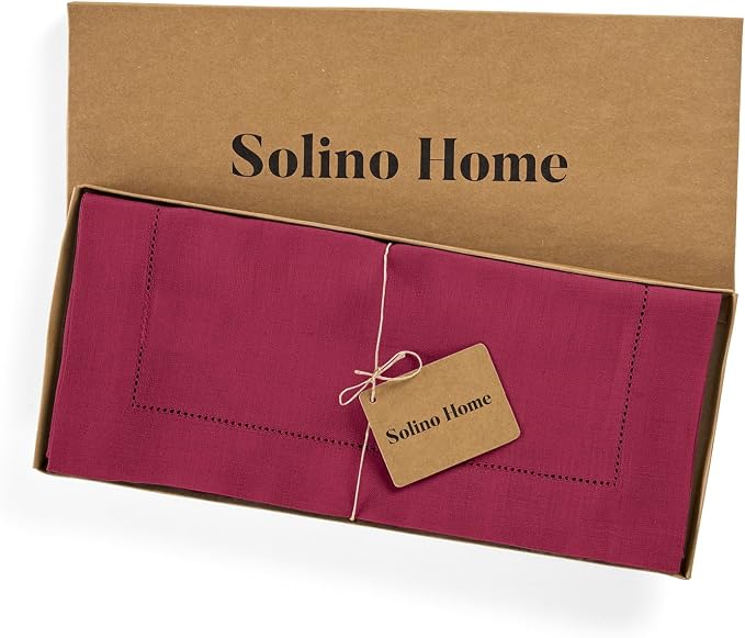 Solino Home Linen Beet Table Runner 132 Inches Long - 100% Pure Linen Extra Long Table Runner 14 x 132 Inch - Classic Hemstitch