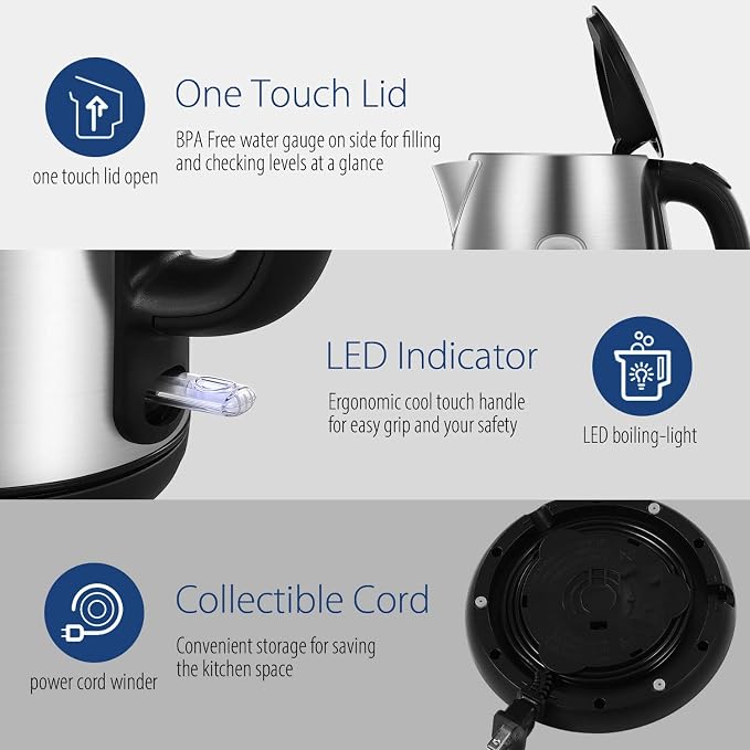 COMFEE' Stainless Steel Electric Kettle, 1.7 Liter Tea Kettle Electric & Hot Water Kettle, 1500W Fast Boil with LED Light, Auto Shut-Off and Boil-Dry Protection