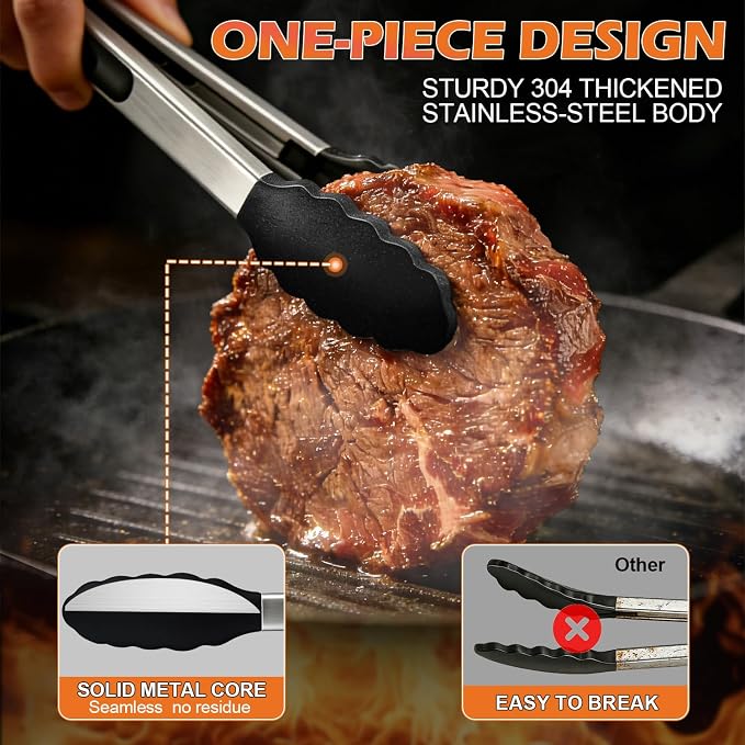 TACGEA Stainless Steel Kitchen Tongs with Silicone Tips, Locking Grilling Food Tongs, 9" and 12", Set of 2 Black