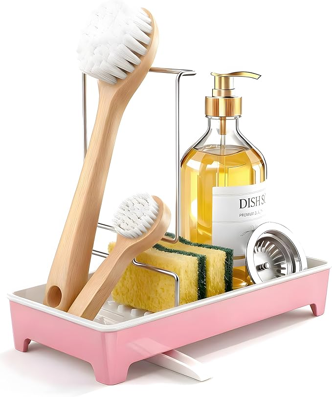 Minimalist Sink Caddy, Rustproof Sponge Holder for Kitchen Sink with 304 Stainless-Steel Brush Holder, Countertop Rack Organizer with Raised Ridges & Silicone Drain Tube (Blush Pink, Large)