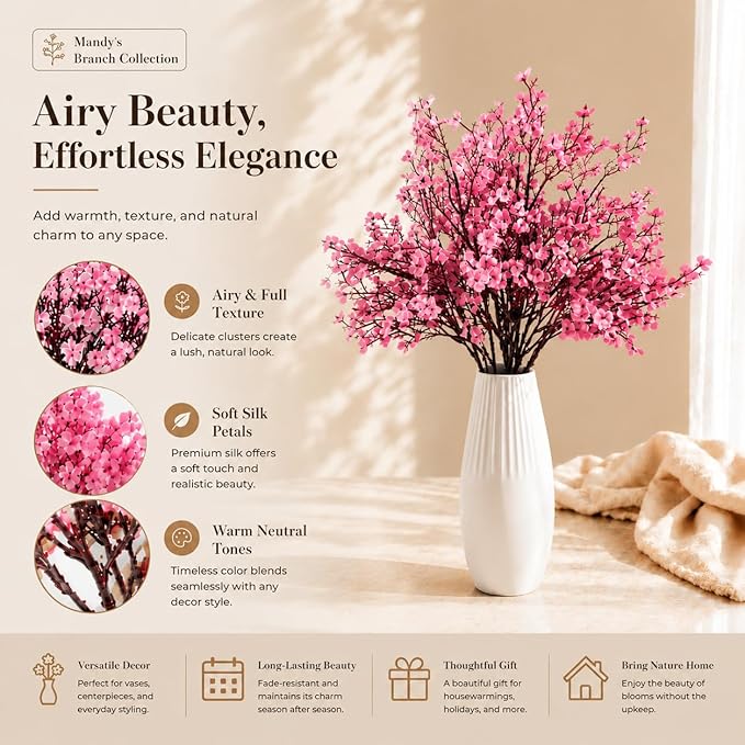 Mandy's Pink Artificial Baby’s Breath Flowers 6 Bundles Silk Gypsophila, 18.5 Inch European Style Modern Home Decor Centerpiece, Neutral Wedding Flower Arrangements