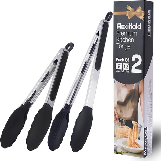 Kitchen Tongs with Silicone Tips, Set of 2 (9" & 12") Stainless Steel Tongs with Non-Slip Grip, Ideal for Cooking, Grilling, Serving, and Barbecue (BBQ), Non-Stick and Dishwasher Safe, Black