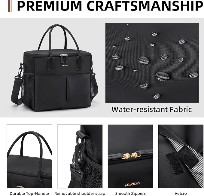 MDODO Lunch Bag Large Insulated Lunch Bags for Women Men Adult Lunch Box with Shoulder Strap for Work,Picnics,Outings (Black)