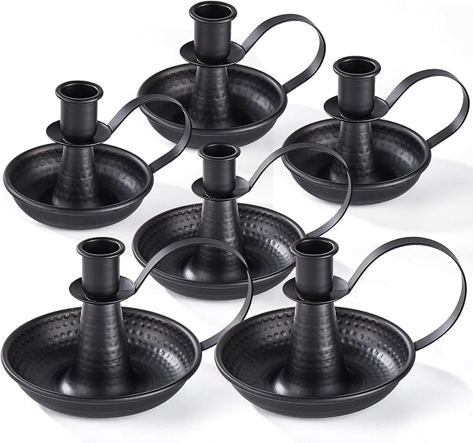 Black Iron Pillar Candlestick Holders, with Handle, Taper Candle Holder for Candlesticks, for Fireplace Party, Dining, Home, Wedding Decor,Fits 3/4 inch Thick Candle&Led Candles（Set of 6 Pcs）