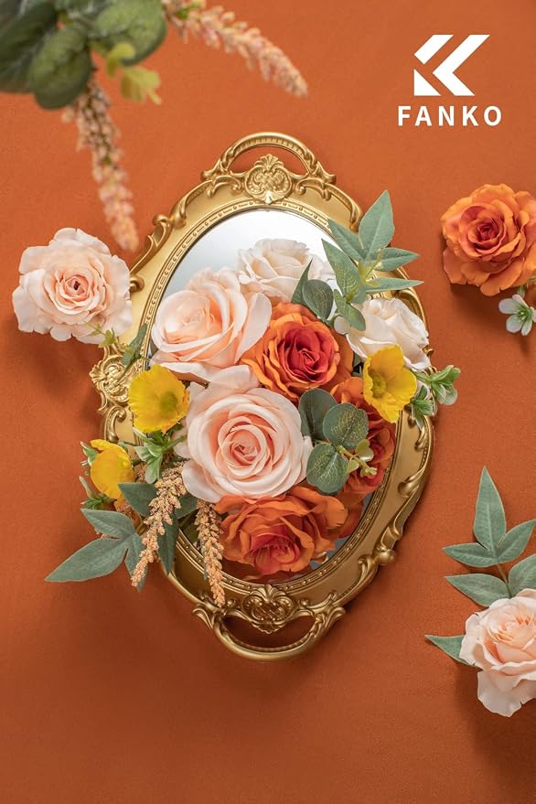 FANKO Artificial Flowers for DIY, Orange Peach Yellow Faux Flowers Bouquet, Fake Flowers with Roses Daisy Silk Flowers for Vase, Home Decor, Wedding Centerpiece, Floral Arrangement Décor, Party