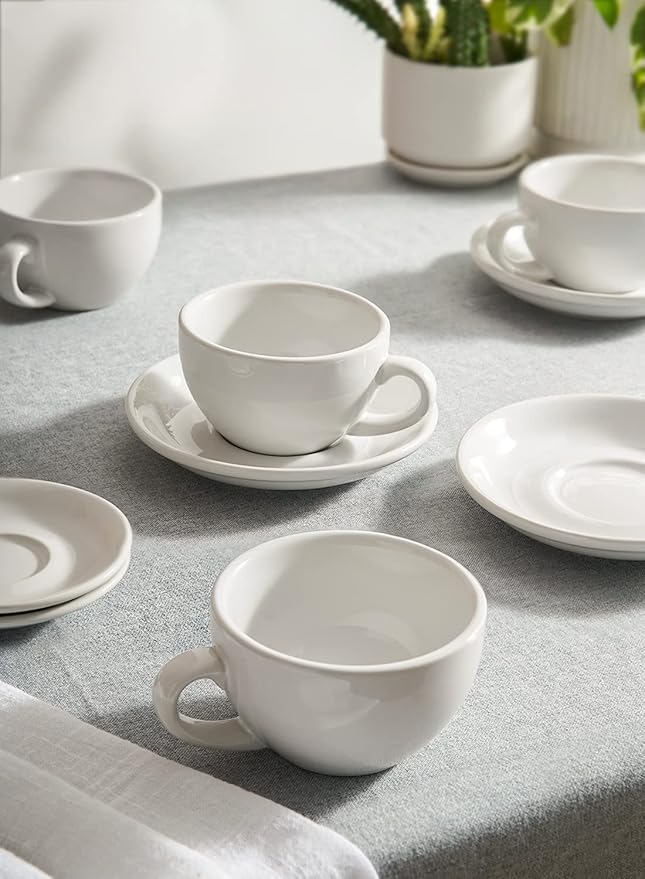 LE TAUCI 8 oz Cappuccino Cups with Saucers, Set of 4 Large Ceramic Coffee Cup Set for Latte, Au Lait, Flat White, Mocha, Tea Cup Set, Dishwasher Safe, Embossed Coffee Cups, White