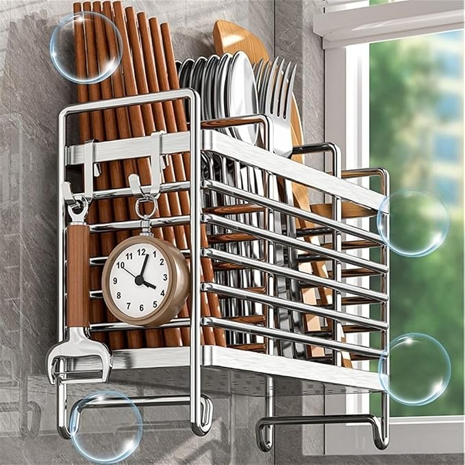 Stainless Steel Wall Mounted Utensil Holder and Countertop Drying Rack with Drain Tray for Kitchen Forks Spoons Chopsticks Silver 3 Compartments(3 Compartments)