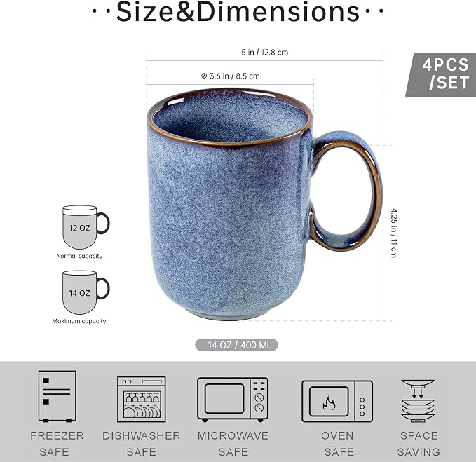 UNICASA Coffee Mug - 14 oz Ceramic Tea Cups Set of 4, Porcelain Cereal, Drinking Cups with Large Handle for Coffee, Tea, Milk, Latte and Cocoa, Soup Mug Gift Set for Men & Women - Light Blue