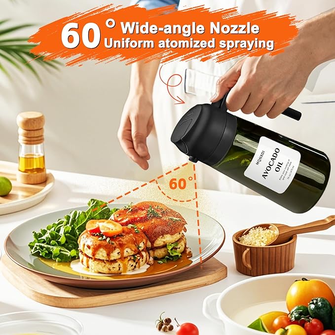 mqnxoi Oil Sprayer for Cooking, 2 in 1 Olive Oil Dispenser Bottle for Kitchen, 16oz/470ml Premium Glass, Food-grade Oil Mister for Air Fryer, Salad, Frying, BBQ (Black + Dark Green Bottle)