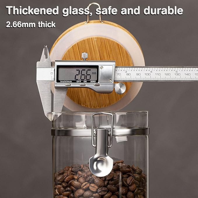Yangbaga Ground Coffee Storage Container with Shelf, 2×45OZ Glass Coffee and Sugar Container Set, Coffee Canisters with Airtight Lids and Scoop, Food Storage Jars for Kitchen,Nuts,Tea,Sugar