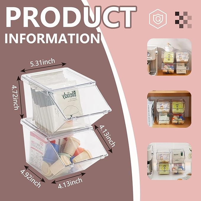 Stackable Tea Bag and Coffee Pod Organizer with Clear Front Flap, Large Capacity Open Storage Bin for Drink Packets, Snacks and Pantry Organization, BPA-Free Plastic