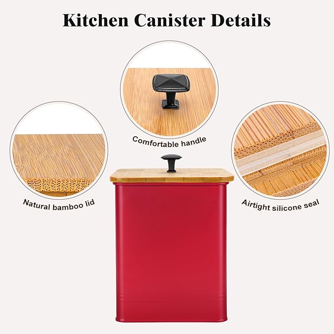 Kitchen Canisters Set of 3, Metal Flour Sugar Storage Containers with Airtight Lids-Canisters Sets for Kitchen with Customizable Chalkboard Labels & Marker Pen-Spice, Coffee Storage Jars(Red)