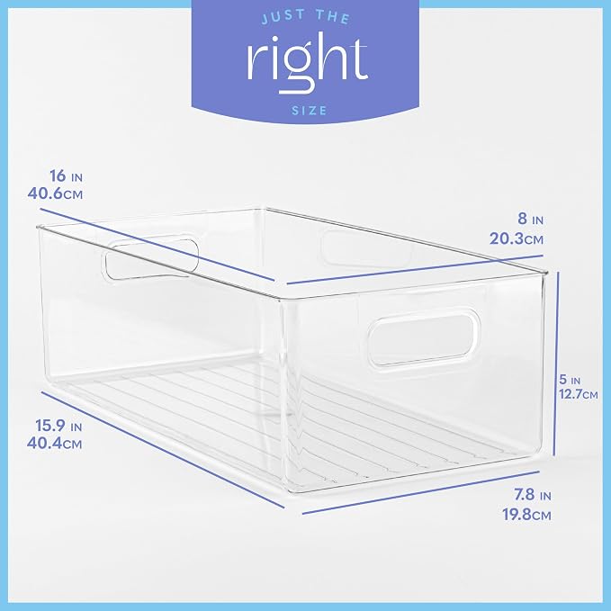 Plastic Food Storage 6 Pack Clear Container Bin with Handles for Organizing Kitchen, Pantry, Refrigerator, Freezer, Pantry, Cabinet, Closet, Bathroom. 16”x8”x5”