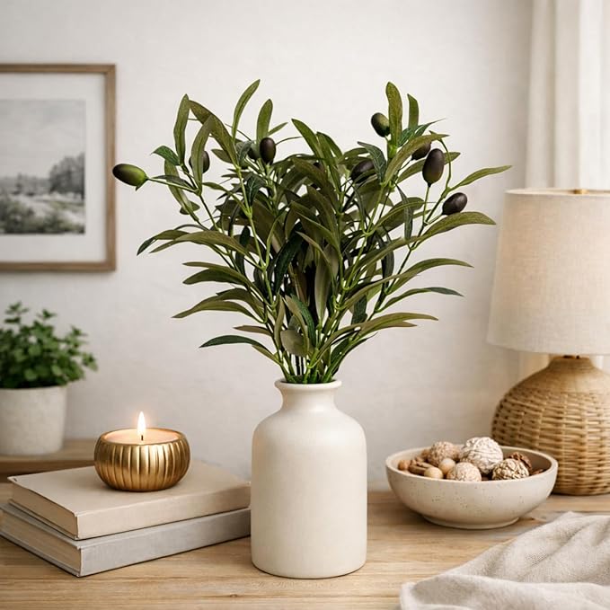 Artificial Olive Branches in Vase, 4 Pcs Faux Olive Stems with Olives 16", Matte White Ceramic Vase 5.7", Farmhouse Dining Table Centerpiece, Kitchen Table Decor