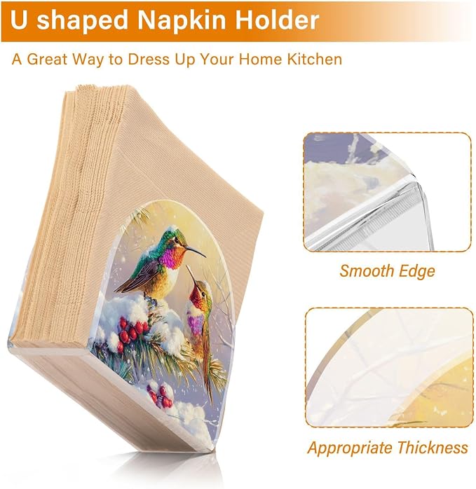 Napkin Holder Acrylic Napkin Holder for Table Kitchen Party Restaurant U Shaped Upright Napkin Dispenser Organizer Winter Hummingbirds and Pine Tree