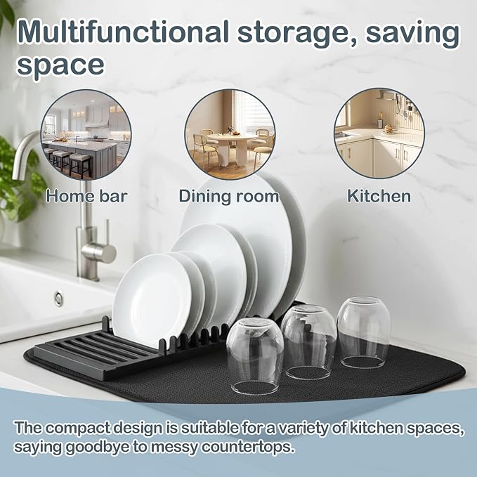Dish Drying Rack with 2 Mats, Small Dish Rack & Dish Drainer for Kitchen Counter, Plastic Dish Drying Rack for Dishes, Cups & Bowls, Compact Countertop Dish Racks for Kitchen