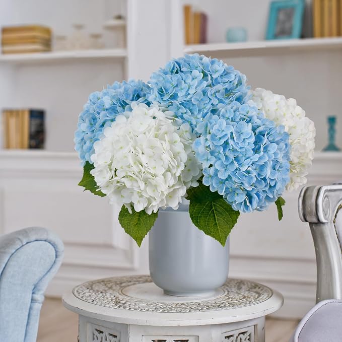 Leftover Hydrangea Artificial Flowers,4 Pcs Real Touch Hydrangea Flowers with 3 Pcs Butterflies for Centerpiece Table Decorations,Floral Arrangements for Coffee Table Decor Living Room Decor