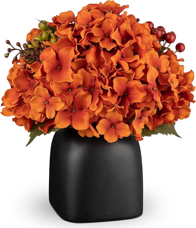 Briful Autumn Hydrangea Artificial Flowers in Black Square Ceramic Pot, Burnt Orange Silk Hydrangea Flowers Realistic Potted Fake Flowers with Berries for Home Decor Indoor Wedding Table Centerpieces