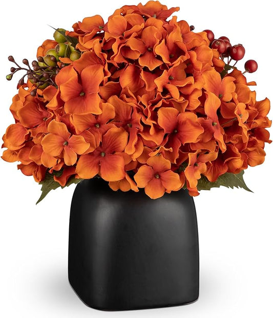 Briful Autumn Hydrangea Artificial Flowers in Black Square Ceramic Pot, Burnt Orange Silk Hydrangea Flowers Realistic Potted Fake Flowers with Berries for Home Decor Indoor Wedding Table Centerpieces