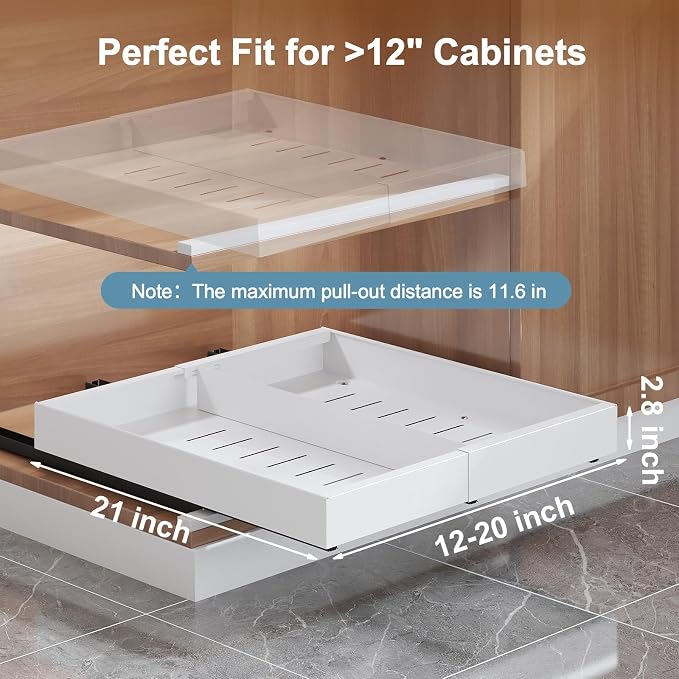 Expandable Pull Out Drawer for Cabinets, 21" Deep, Adjustable 12–20" Width – Magnetic Dividers, Optional Riser, Heavy-Duty 3-Rail Glide, No-Drill Roll-Out Shelf Organizer for Kitchen, White
