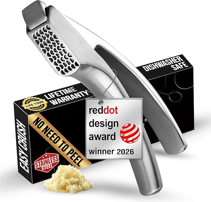 No Peeling Required Garlic Press Stainless Steel with Detachable Handle for Coarse Mincing - Premium Garlic Mincer Tool, Rust-Proof, Easy to Clean, Dishwasher Safe Garlic Crusher, Lifetime Replacement