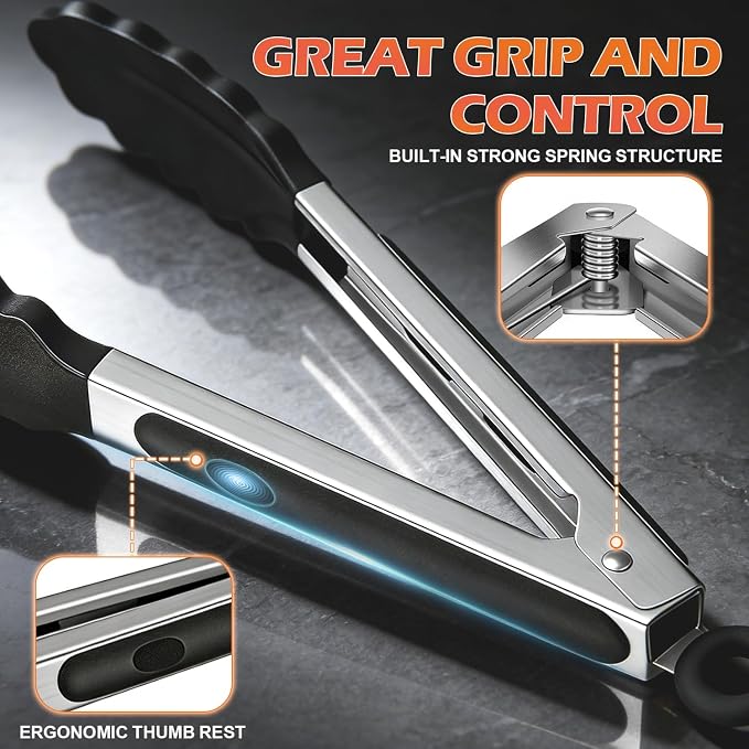 TACGEA Stainless Steel Kitchen Tongs with Silicone Tips, Locking Grilling Food Tongs, 9" and 12", Set of 2 Black