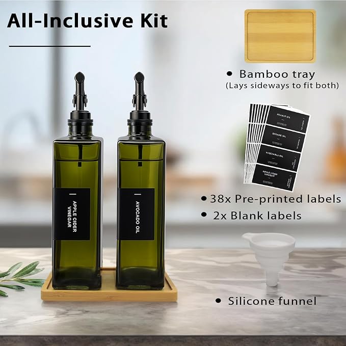 Olive Oil Dispenser Bottle for Kitchen with Bamboo Tray- 16.9oz Glass Oil and Vinegar Dispenser Set, Soy Sauce & Syrup Bottle, Modern Hostess Gift (Green, Set of 2)