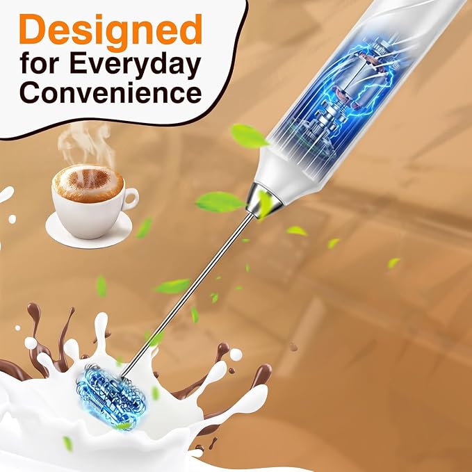Milk Frother Handheld Rechargeable – Electric Matcha Whisk & Drink Mixer, Foam Maker for Latte, Cappuccino, Bulletproof Coffee, Portable Stainless Steel Frother for Home, Office & Travel. (White)