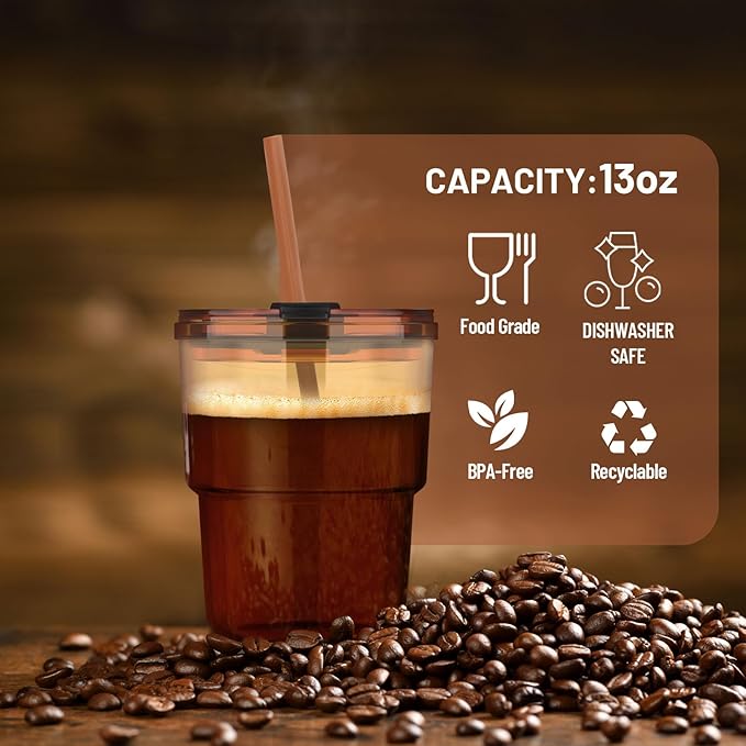 Luxfuel 13 oz Tumbler Water Glass Cups with Straw & Lid, Reusable Iced Coffee, Tea Cups, Leak-Proof Thick Wall Travel Glass Tumbler for Home, Office, Car Cup Holder Friendly, BPA Free (Shimmer,1 Pack)