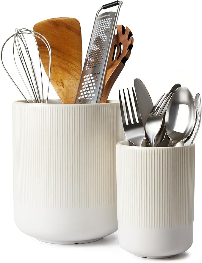 Pokini Utensil Holder, 7.3"+5.3" Large Ceramic Kitchen Utensil Holder for Countertop, Cooking Utensil Holder for Kitchen Counter, Kitchen Tool Holder, Modern Farmhouse Decor, Matte White